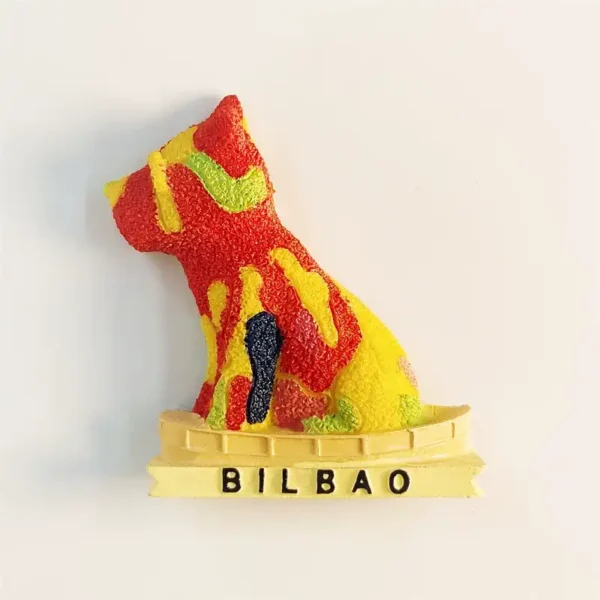 Spain Bilbao Guggenheim Puppy souvenir fridge magnet front view, colorful floral dog on BILBAO base