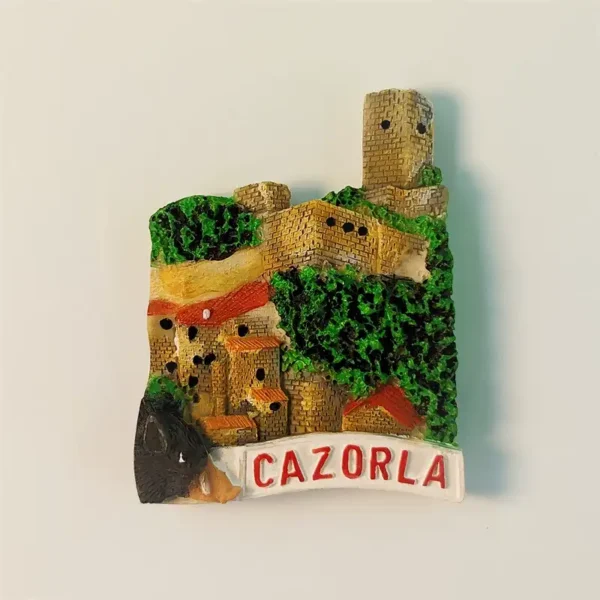 3D Cazorla Spain fridge magnet front view with castle tower, stone village, and wild boar