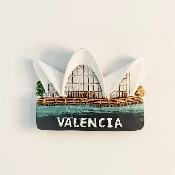 Spain Valencia souvenir fridge magnet front view with 3D resin white arch structures glass dome teal water and VALENCIA label