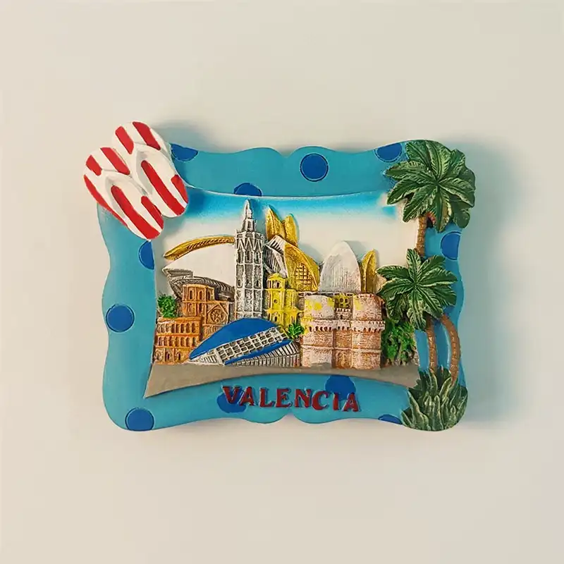 Spain Valencia fridge magnet front view with 3D relief landmarks, turquoise polka-dot frame, flip-flop and palm tree