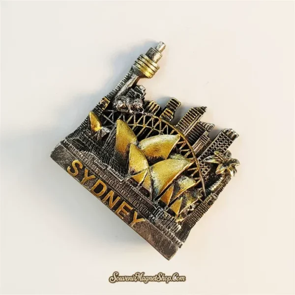 Sydney Australia fridge magnet left angle showing 3D depth of Opera House sails Sydney Tower and koala detail