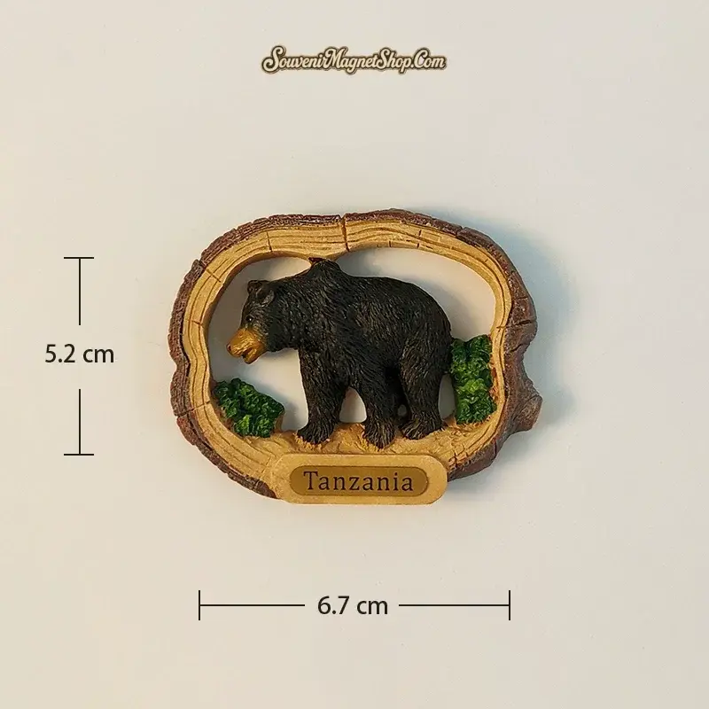 Tanzania 3D Black Bear Fridge Magnet - Powerful walking bear design with dimensions (6.7cm x 5.2cm).