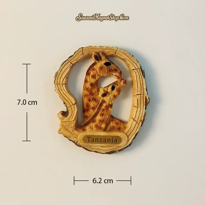 Tanzania 3D Giraffe Fridge Magnet - Graceful mother and calf design with dimensions (6.2cm x 7.0cm)