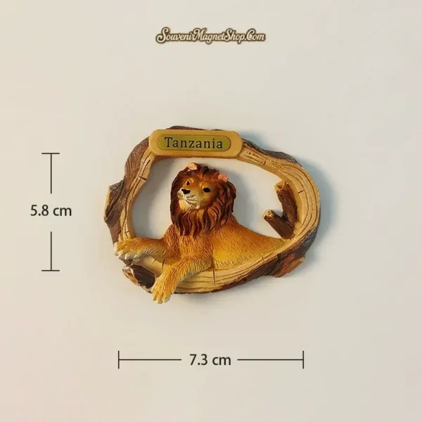 Tanzania 3D Lion Fridge Magnet - Majestic king of the savanna design with dimensions (5.8cm x 7.3cm).