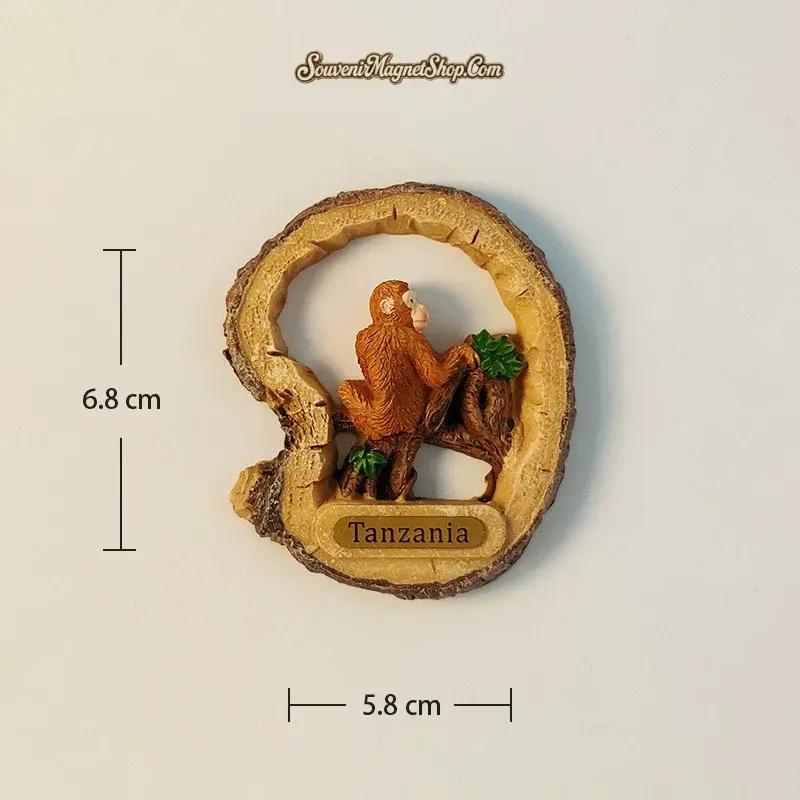 Tanzania 3D Monkey Fridge Magnet - Playful monkey on tree design with dimensions (5.8cm x 6.8cm)
