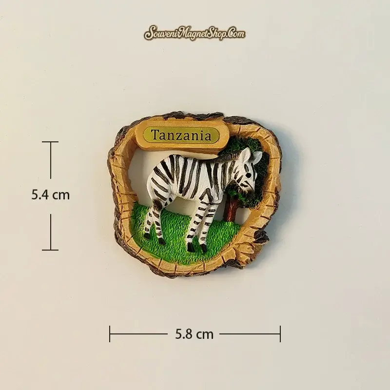 Tanzania 3D Zebra Fridge Magnet - Bold black-and-white striped design with dimensions (5.8cm x 5.4cm)
