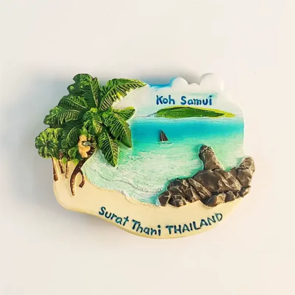 Thailand Koh Samui souvenir fridge magnet front view with palm trees, turquoise bay and sailboat