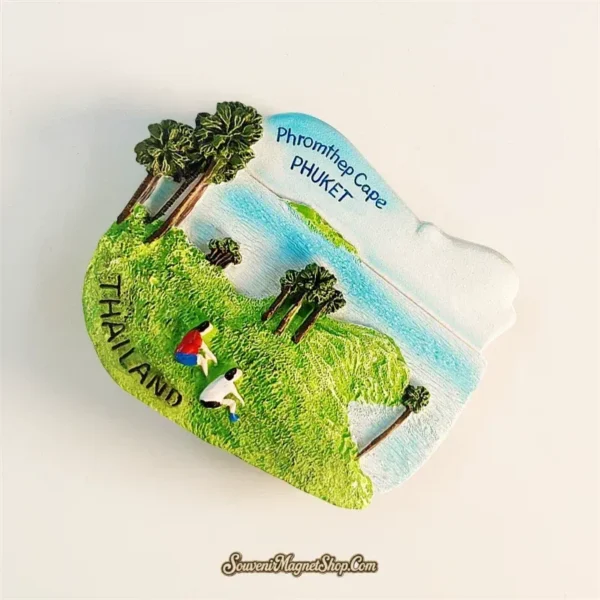 Phuket Phromthep Cape fridge magnet left-angle view showing 3D palm tree and hillside relief depth