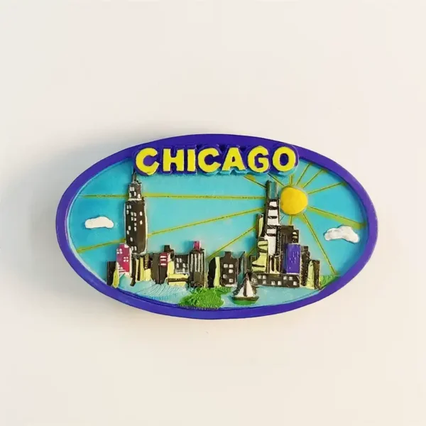 USA Chicago skyline souvenir fridge magnet front view, oval shape with Willis Tower and sun rays
