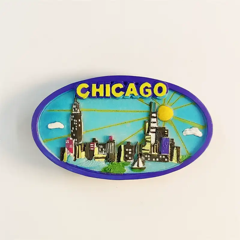 USA Chicago skyline souvenir fridge magnet front view, oval shape with Willis Tower and sun rays