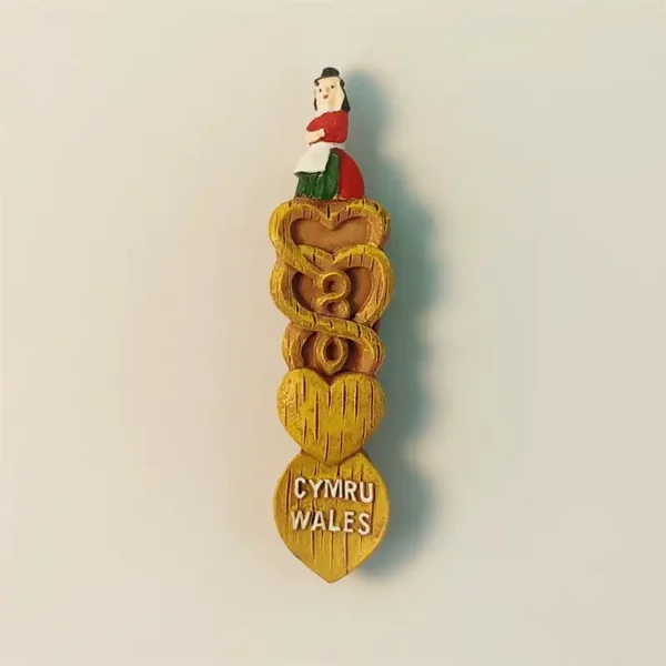 Wales souvenir fridge magnet shaped as love spoon with Welsh lady figurine and CYMRU WALES hearts