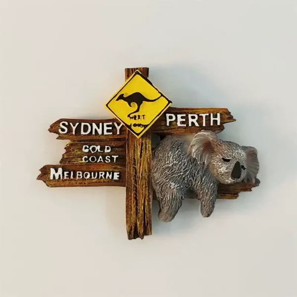 Front view of 3D resin Australia fridge magnet with sleeping koala on wooden signpost pointing to Sydney Perth Melbourne Gold Coast