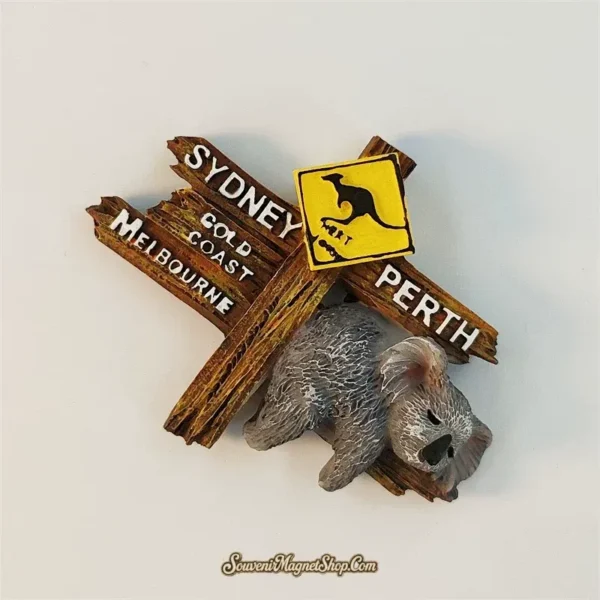 Left-angled view of Australia koala road sign souvenir magnet showing 3D depth and kangaroo crossing sign