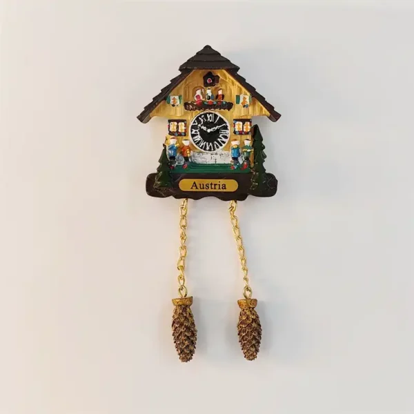 Austria folk feast cuckoo clock fridge magnet front view with hand-painted dancers, long-table villagers and pinecone weights
