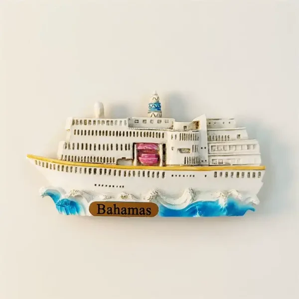 Bahamas luxury cruise ship 3D fridge magnet front view with white multi-deck ocean liner sailing through turquoise waves and gold nameplate
