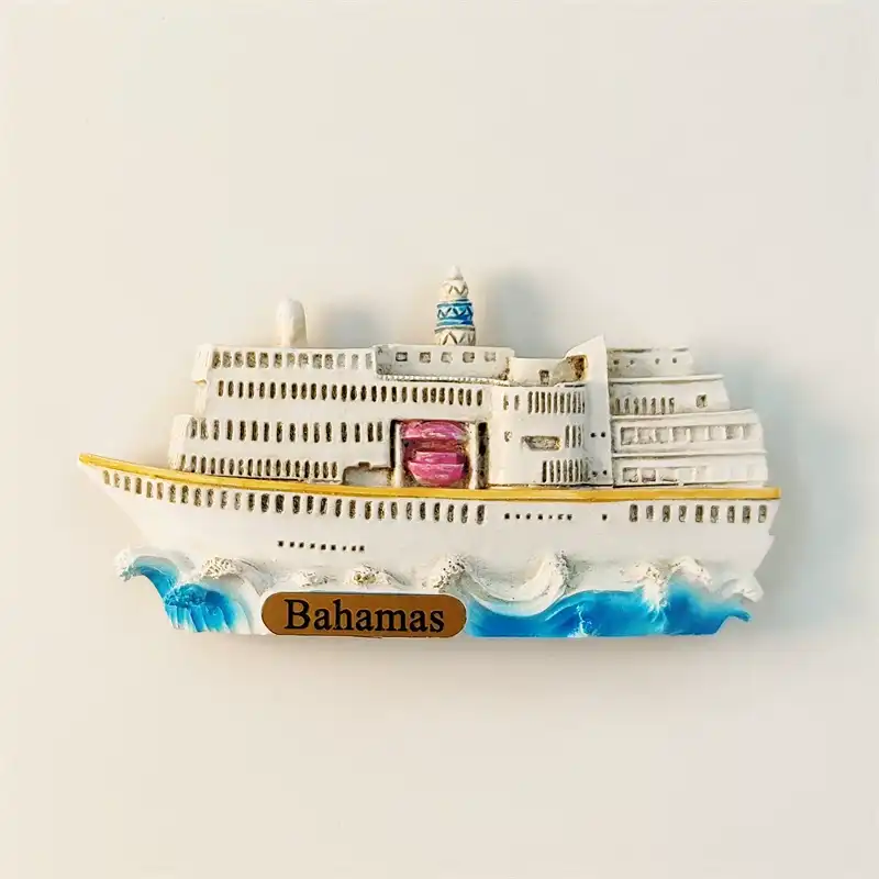 bahamas-cruise-ship-fridge-magnet-front Bahamas luxury cruise ship 3D fridge magnet front view with white multi-deck ocean liner sailing through turquoise waves and gold nameplate