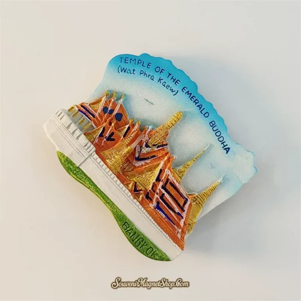Angled left view of Wat Phra Kaew Emerald Buddha Temple souvenir magnet showing 3D roof and spire details