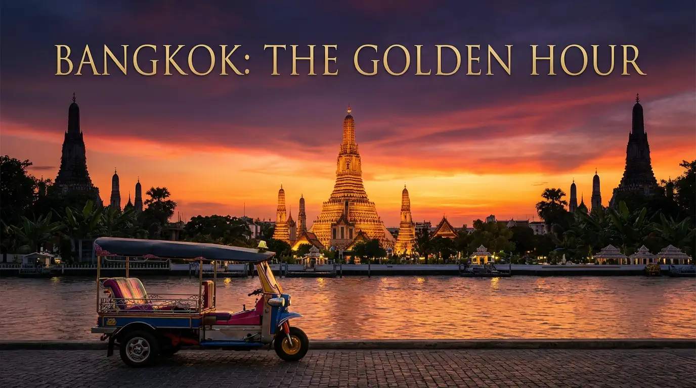 Bangkok: The Golden Hour — Wat Arun at sunset with a tuk-tuk on the Chao Phraya riverbank