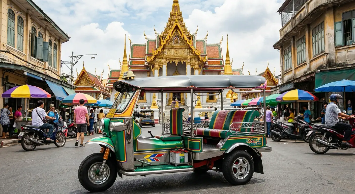 A classic Bangkok tuk-tuk parked outside a golden Thai temple, capturing the iconic street scene of the city's historic district