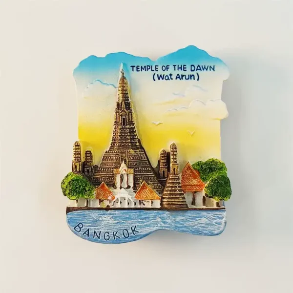 3D Bangkok Wat Arun fridge magnet front view, golden prang, orange temple roofs, river and dawn sky