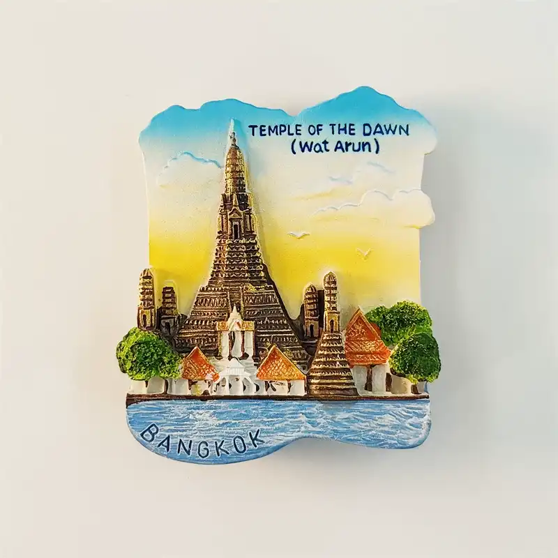 3D Bangkok Wat Arun fridge magnet front view, golden prang, orange temple roofs, river and dawn sky