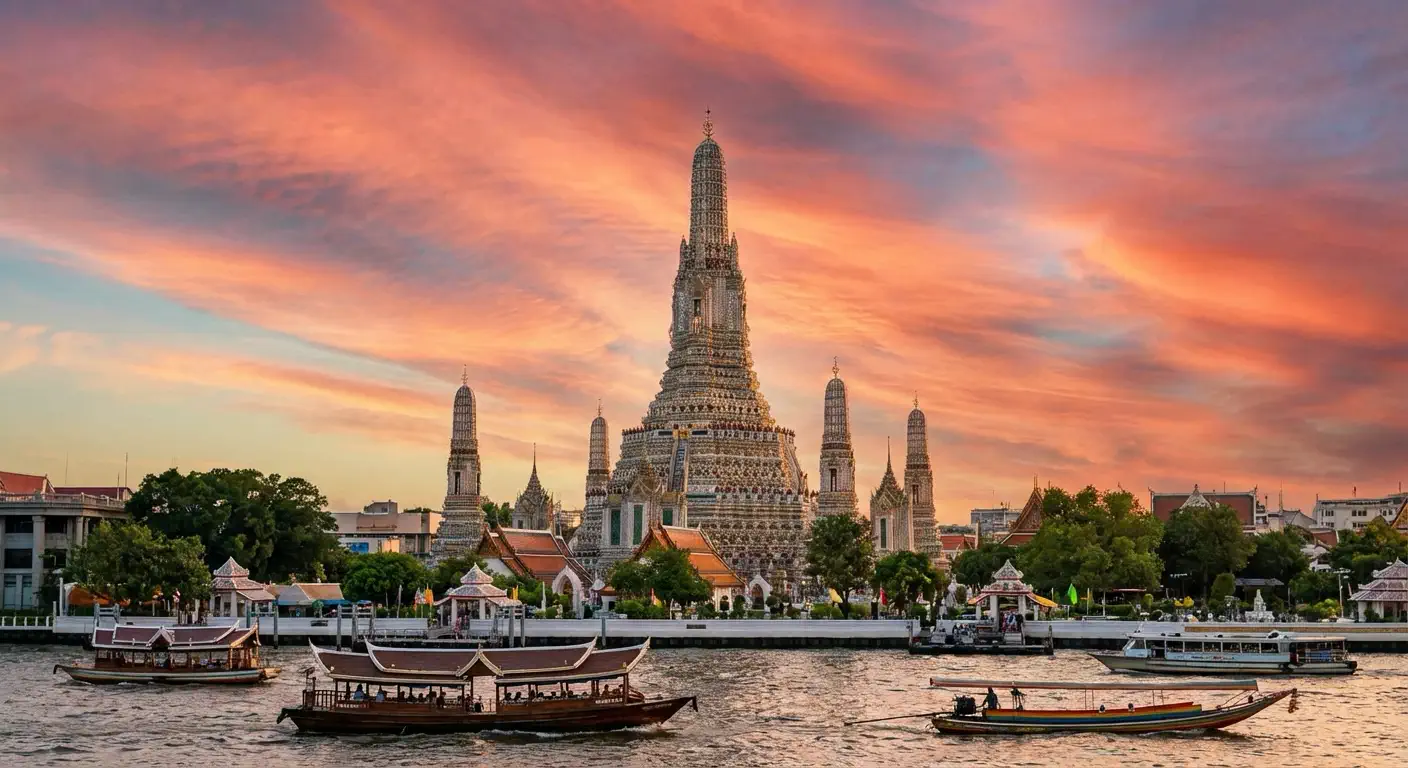 Wat Arun at sunset, its towering prang reflected in the Chao Phraya River with traditional wooden boats in the foreground