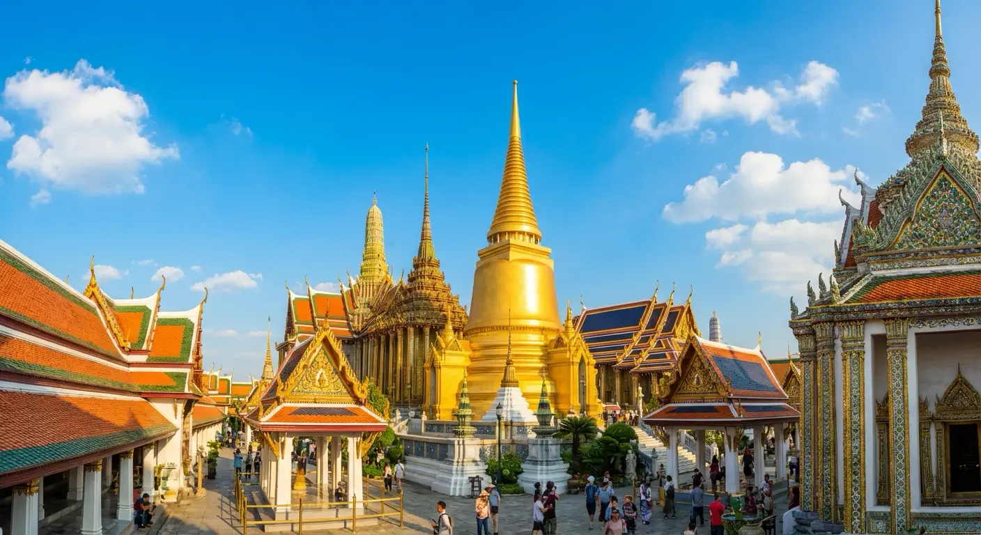 Wat Phra Kaew & the Grand Palace complex — golden prangs and tiered orange rooftops gleaming under a bright Bangkok sky