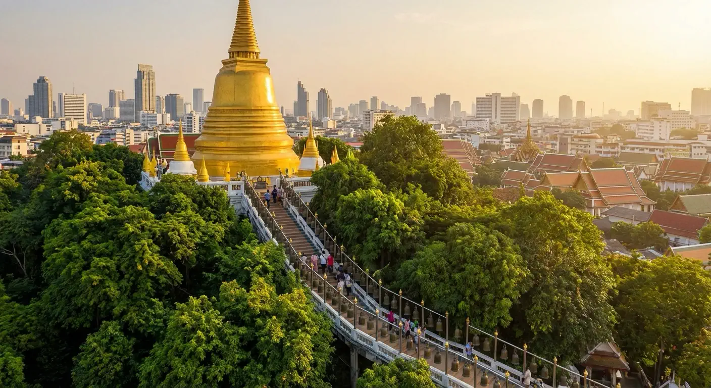 Wat Saket Golden Mount — the golden chedi rising above lush trees with Bangkok's skyline stretching into the distance