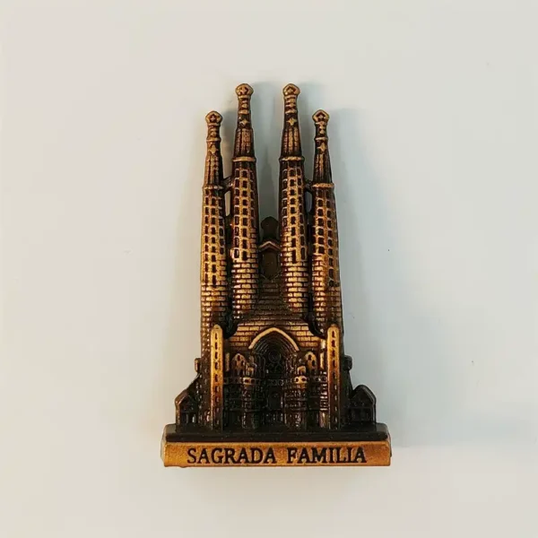 Barcelona Sagrada Familia landmark figurine front view with four spires and hand-painted copper finish on zinc alloy base