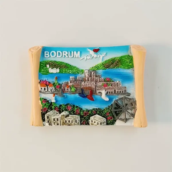 Front view of Bodrum Castle 3D scroll fridge magnet with Aegean coastline, white houses, and windmill