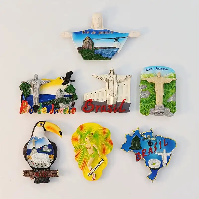 Seven 3D resin Brazil Rio de Janeiro souvenir fridge magnets featuring Christ Redeemer, toucan, carnival and map designs