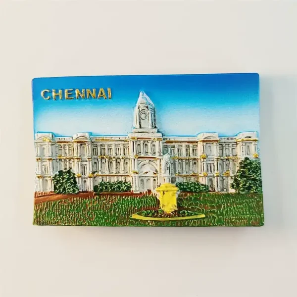 Chennai Ripon Building 3D fridge magnet front view with white colonial facade and garden fountain