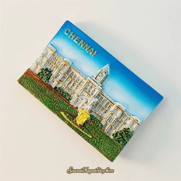 Chennai souvenir magnet left angle showing 3D relief of Ripon Building colonial architecture