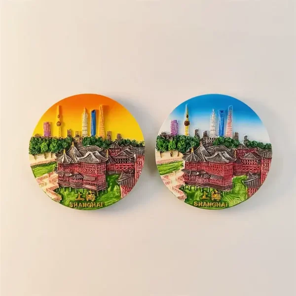 China Shanghai fridge magnet front view showing both color variants side by side sunset orange and blue sky round 3D disc with Huxinting Teahouse red pavilions foreground and Lujiazui skyline Oriental Pearl Tower Shanghai Tower gold SHANGHAI lettering