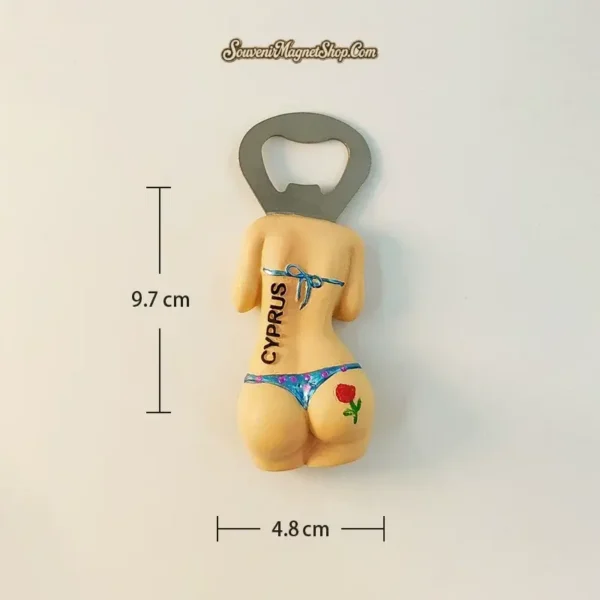 Cyprus bikini bottle opener fridge magnet blue version size measurement showing 4.8cm width and 9.7cm height with stainless steel opener on white background