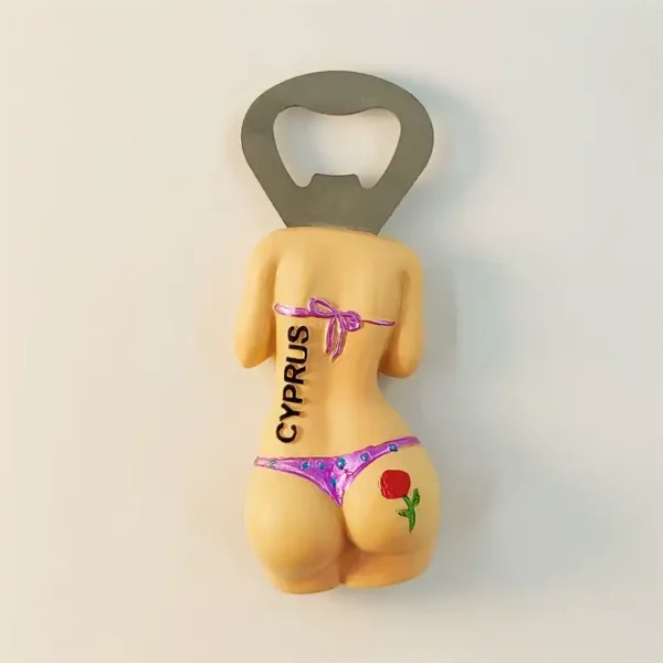 Cyprus fridge magnet bottle opener red bikini version showing 3D resin female torso back view with pink-red tie bikini, CYPRUS lettering on back, red rose detail and stainless steel opener blade at top