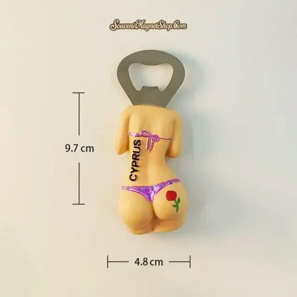 Cyprus bikini bottle opener fridge magnet red version size measurement showing 4.8cm width and 9.7cm height with stainless steel opener on white background