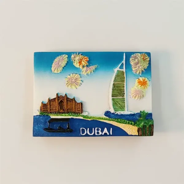 Front view of Dubai 3D fridge magnet with Burj Al Arab, Atlantis The Palm, fireworks, and beach