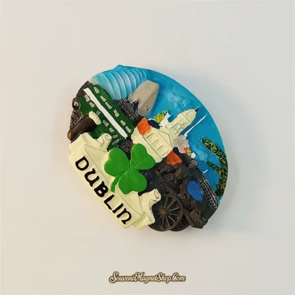 Left-angle view of Dublin Ireland souvenir magnet showing oval shape and detailed 3D landmark relief