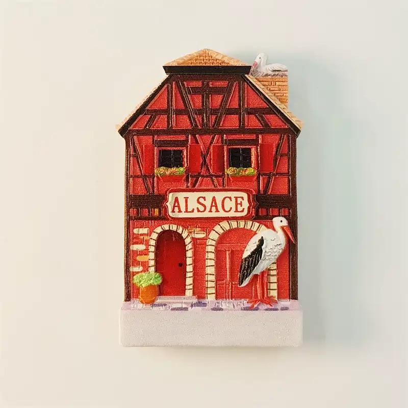 France Alsace 3D fridge magnet front view with red half-timbered house white stork and ALSACE sign