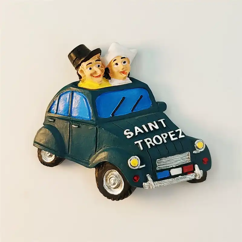 France Saint-Tropez 3D fridge magnet front view with teal Citroën 2CV couple and SAINT TROPEZ text
