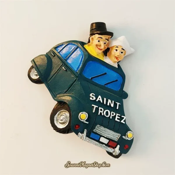 Angled right view of Saint-Tropez Citroën 2CV souvenir magnet showing couple and car body details