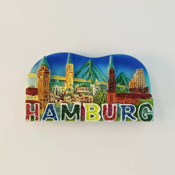 Germany Hamburg skyline fridge magnet front view with colorful 3D landmarks and HAMBURG letters