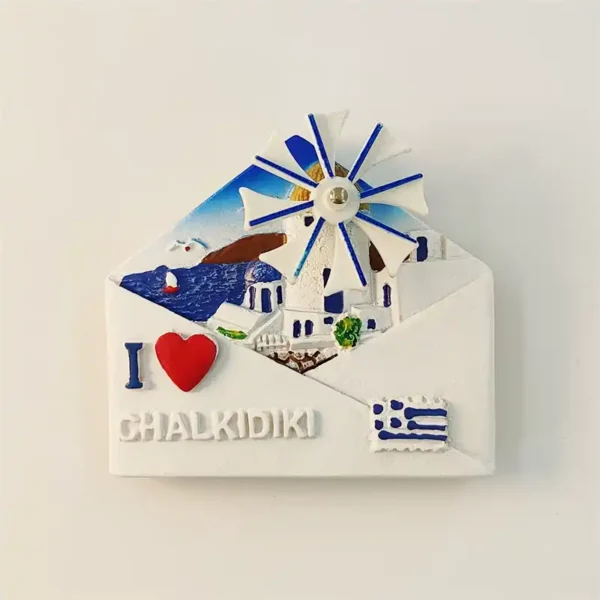 Greece Chalkidiki envelope-shaped 3D fridge magnet front view with windmill, Aegean sea scene, I love heart, and Greek flag stamp