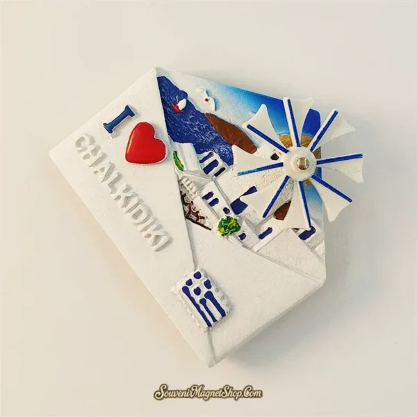 Chalkidiki Greece souvenir magnet angled left view showing 3D envelope shape depth and windmill blades detail