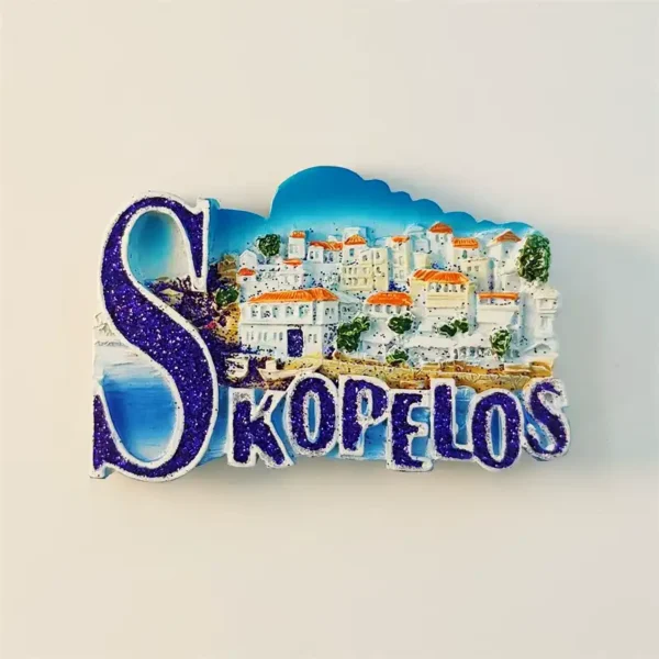Greece Skopelos Island 3D fridge magnet front view with white village buildings, orange rooftops, and blue glitter lettering