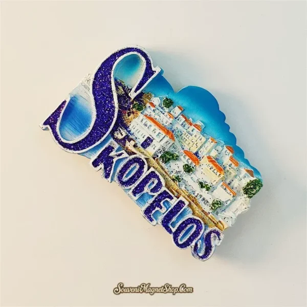 Skopelos Greece souvenir magnet angled view showing 3D relief depth of whitewashed Aegean seaside village