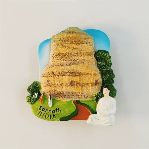 India Sarnath Dhamek Stupa fridge magnet front view with hand-painted sandstone stupa, meditating Buddha and green trees