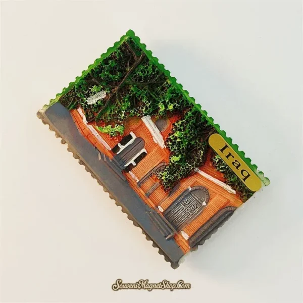 Iraq church brick building souvenir magnet angled left view showing 3D relief depth and stamp shape