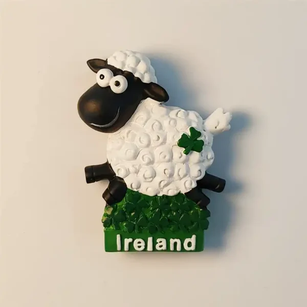 Front view of Ireland Belfast cartoon sheep fridge magnet with hand-painted shamrock and clover base